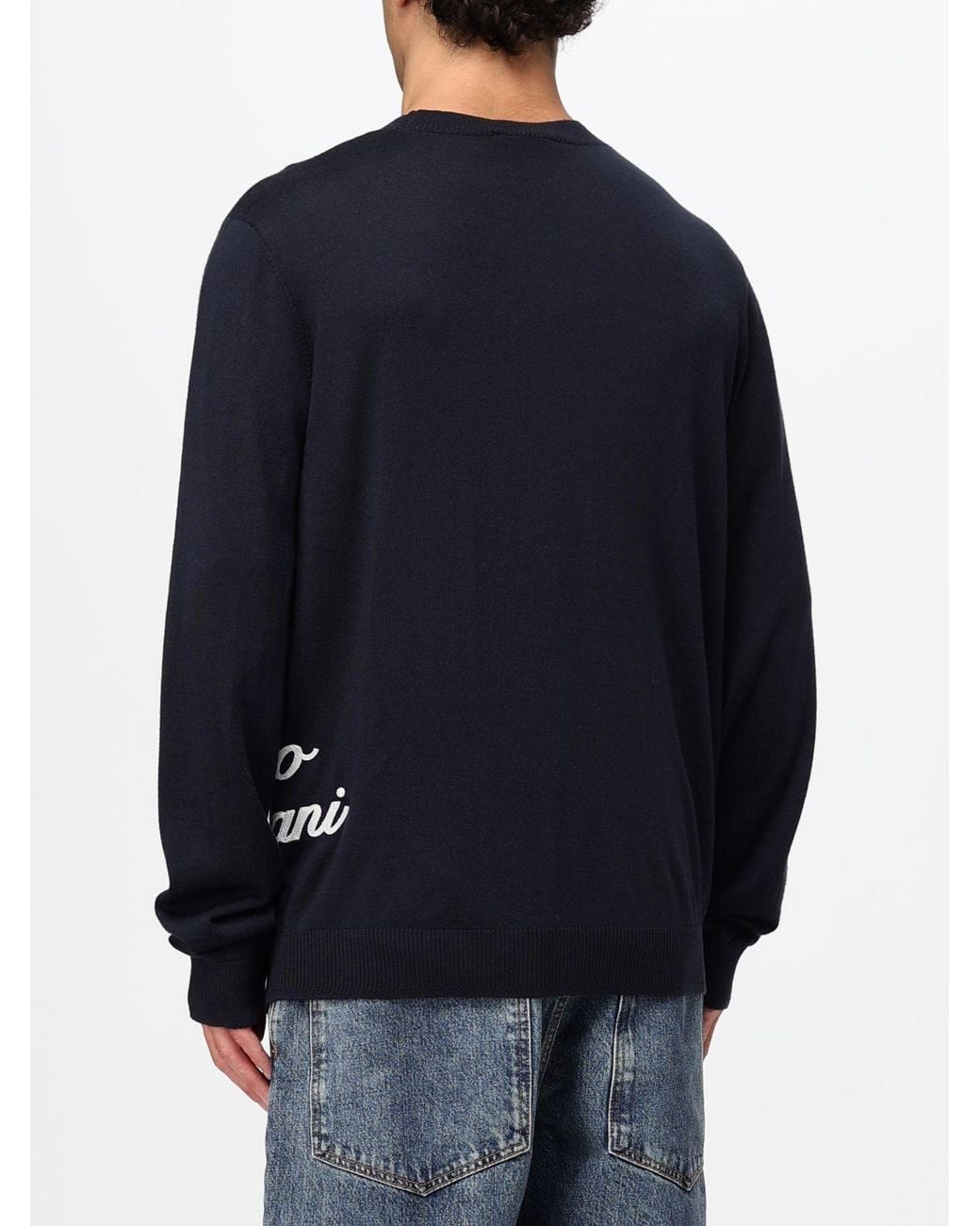 Emporio Armani Blue Silk-Blend Crewneck Jumper With Eagle Logo for men