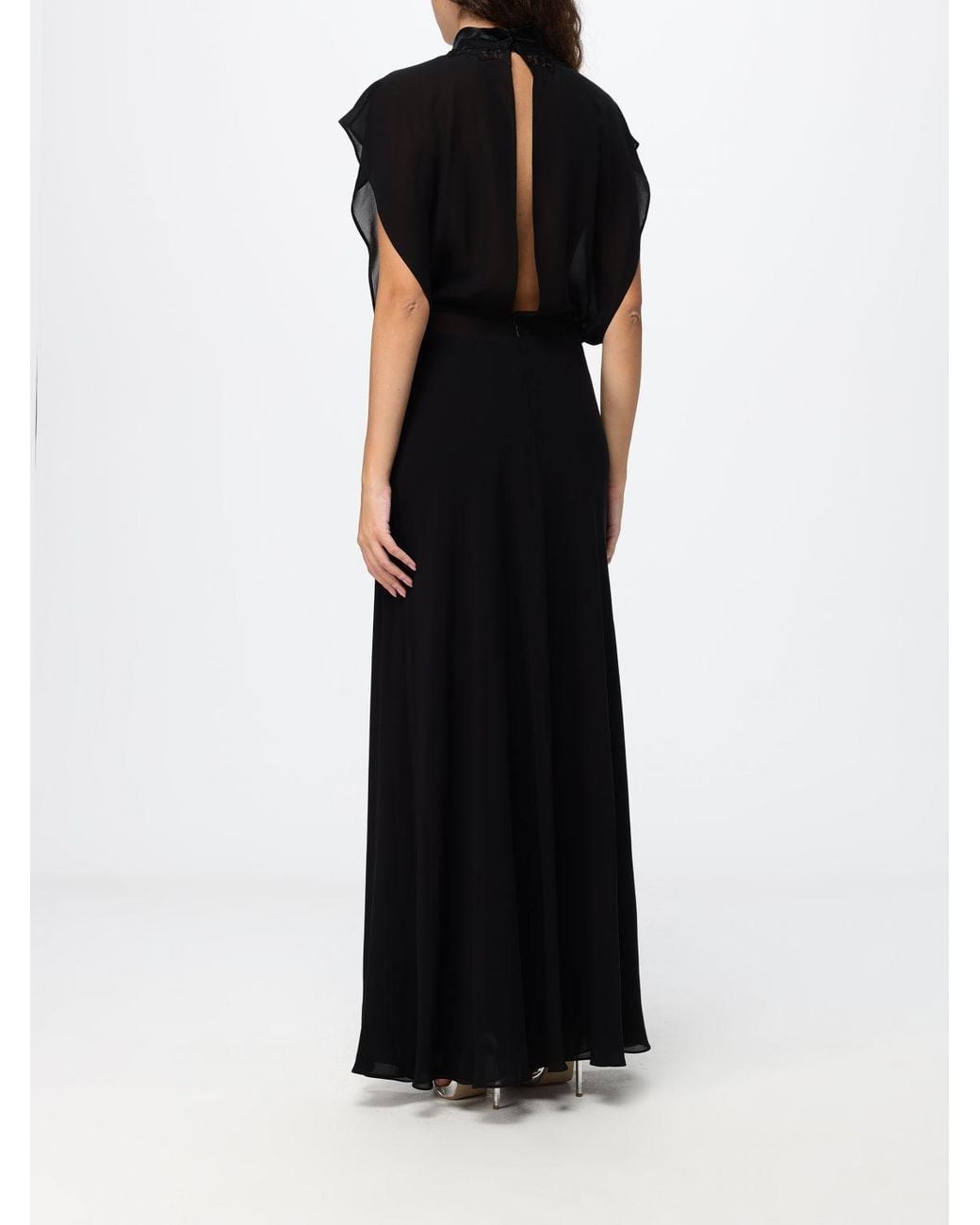 Fendi Black Sleeveless Silk Georgette Long Evening Gown With Mandarin Collar