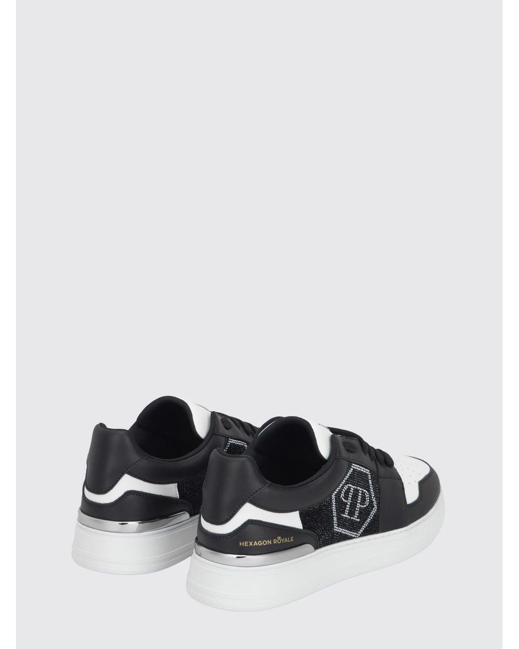 Philipp Plein White Hexagon Royale Leather Sneakers With Rhinestone Hexagon Logo for men