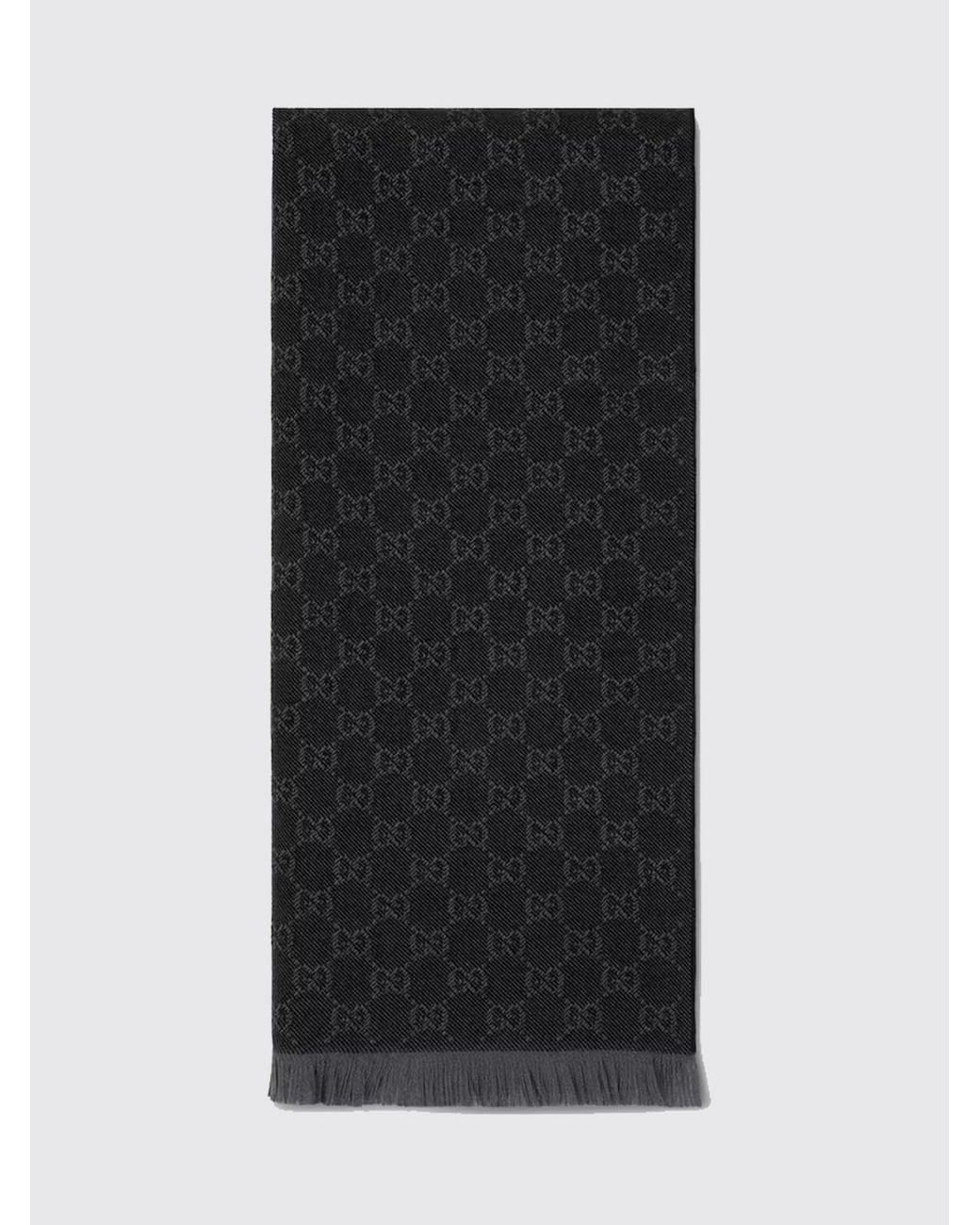 Gucci Black Gg Monogram Jacquard Wool Scarf With Fringed Edges