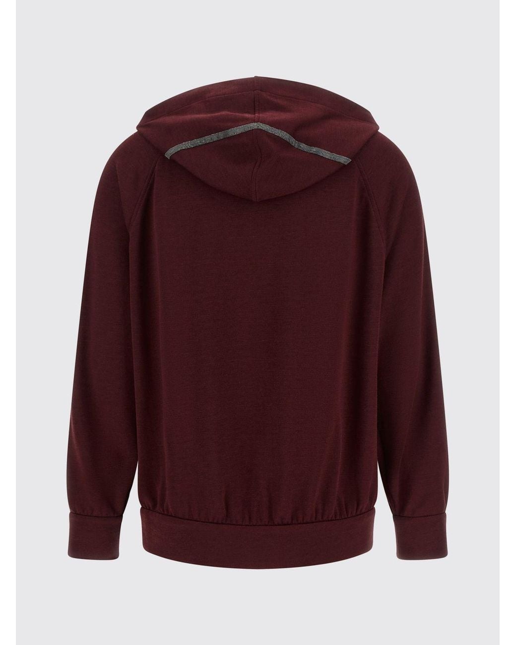 Brunello Cucinelli Red Cotton And Silk Zip-Up Hoodie With Monili Embellishment