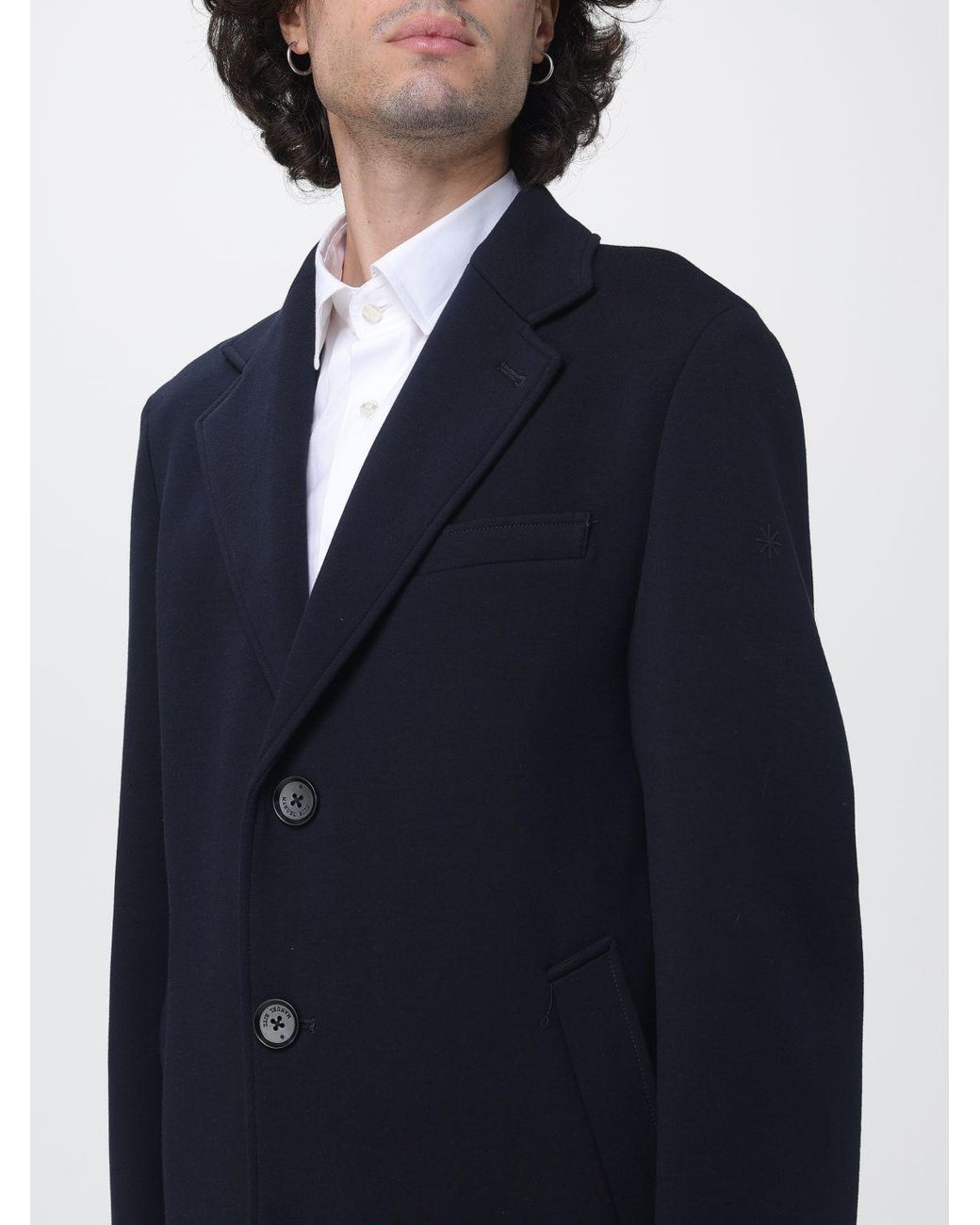 Manuel Ritz Blue Single-Breasted Cotton-Blend Coat With Hood And Lapels for men
