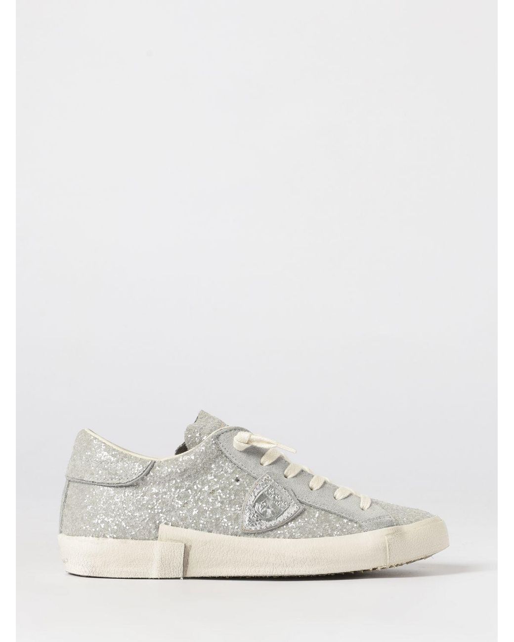 Philippe Model White Niedrige Sneaker Aus Leder Und Stoff Mit Glitzer Und Stickerei