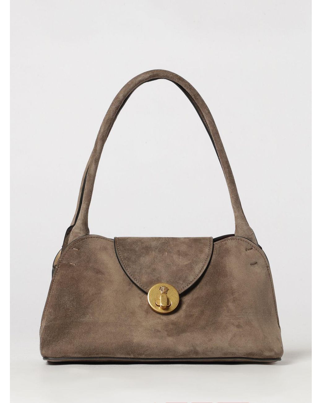Versace Natural Vivian Small Suede Shoulder Bag With Turn-Lock Closure