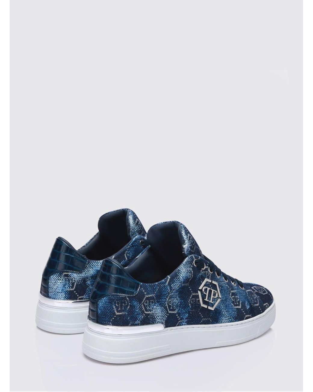 Philipp Plein Blue Bleached Denim Sneakers With Hexagon Jacquard for men