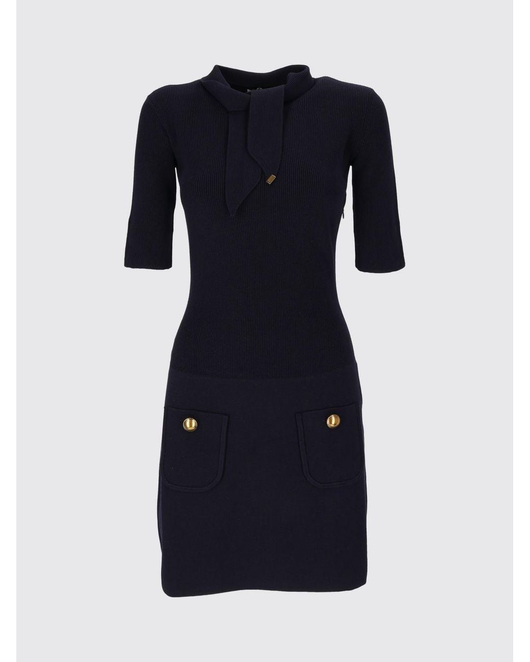 Elisabetta Franchi Blue Knit Mini Dress With Pussy-Bow Collar And Pockets