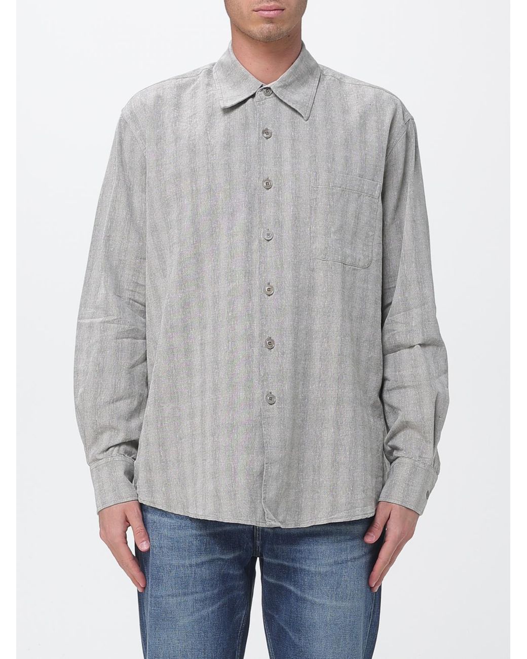 Our Legacy Gray Linen And Cotton Blend Shirt With French Collar And Patch Pocket for men