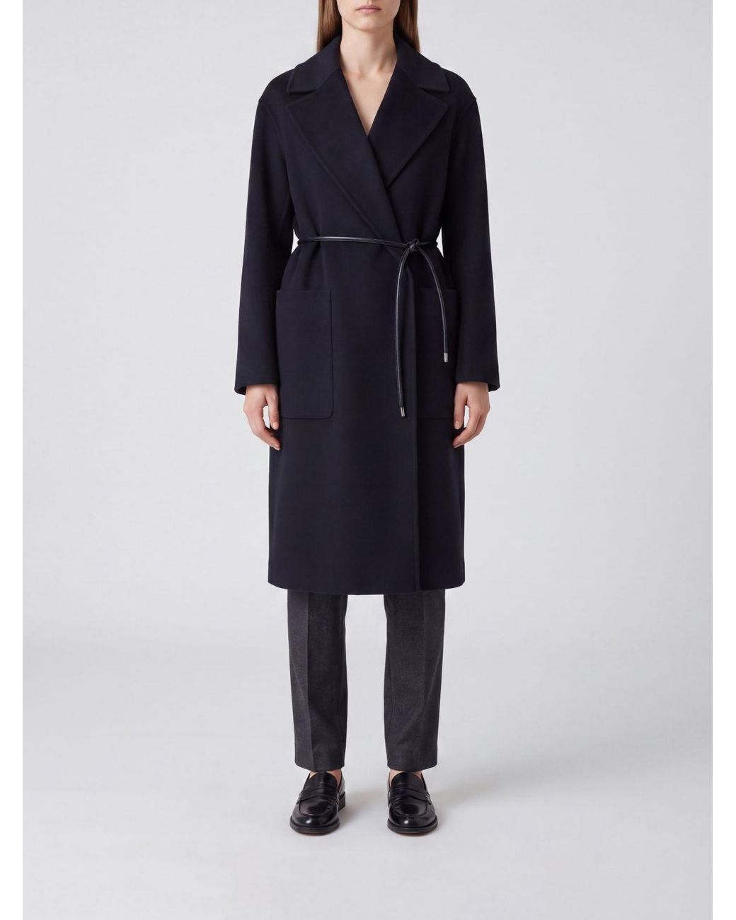 Sportmax Blue Long Virgin Wool Robe Coat With Leather Belt