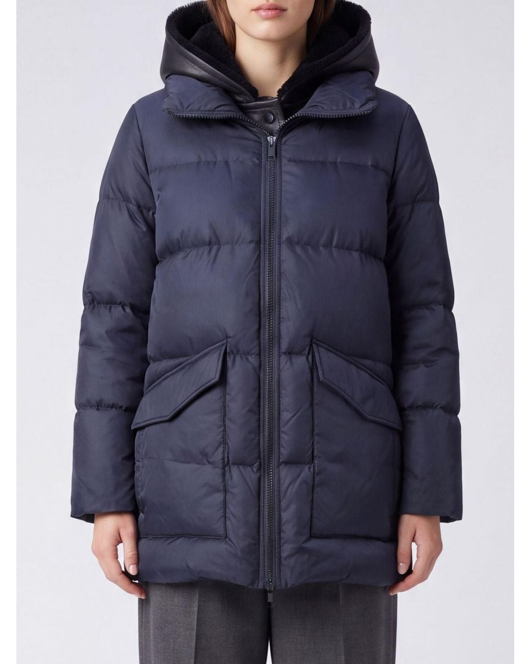 Yves Salomon Blue Knee-Length Lambskin Down Jacket With Hood