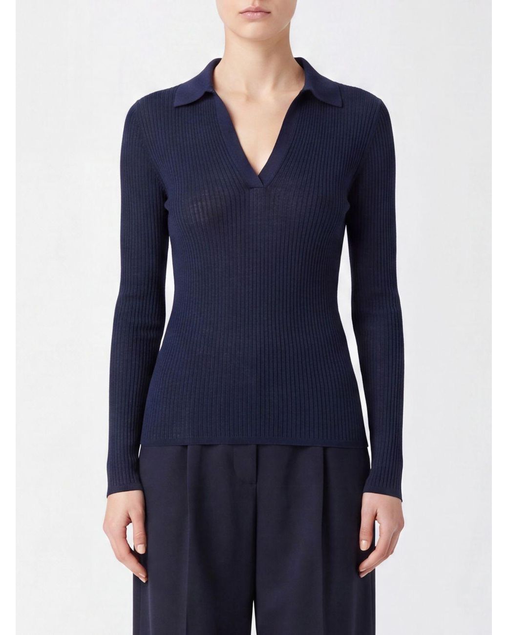 Max Mara Blue Ribbed Silk And Cashmere Knit Polo With V-Neck And Slim Fit