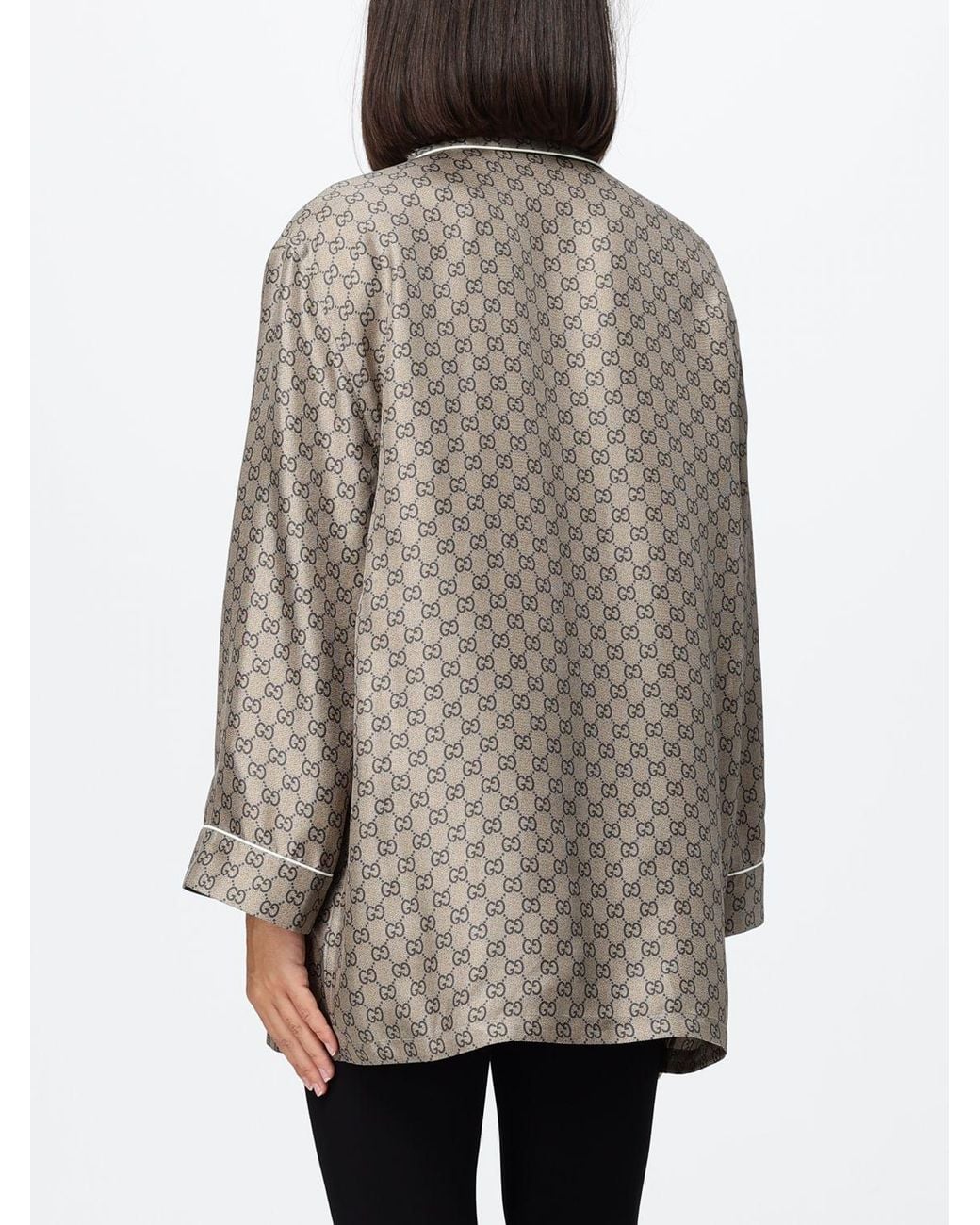 Gucci Gray Gg Monogram Silk Pajama-Style Shirt With Revere Collar