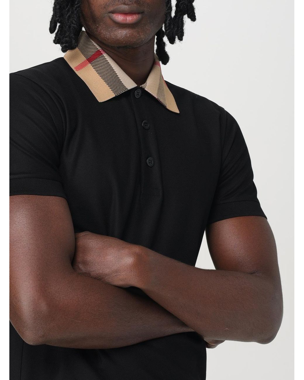 Burberry Black Cotton Polo Shirt With Check Collar for men