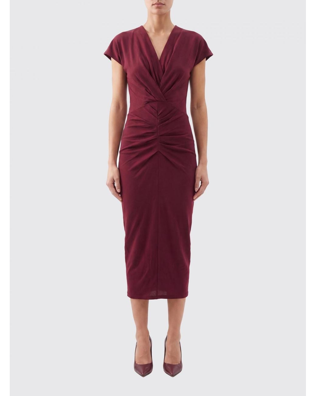 Isabel Marant Red Draped V-Neck Viscose Midi Sheath Dress