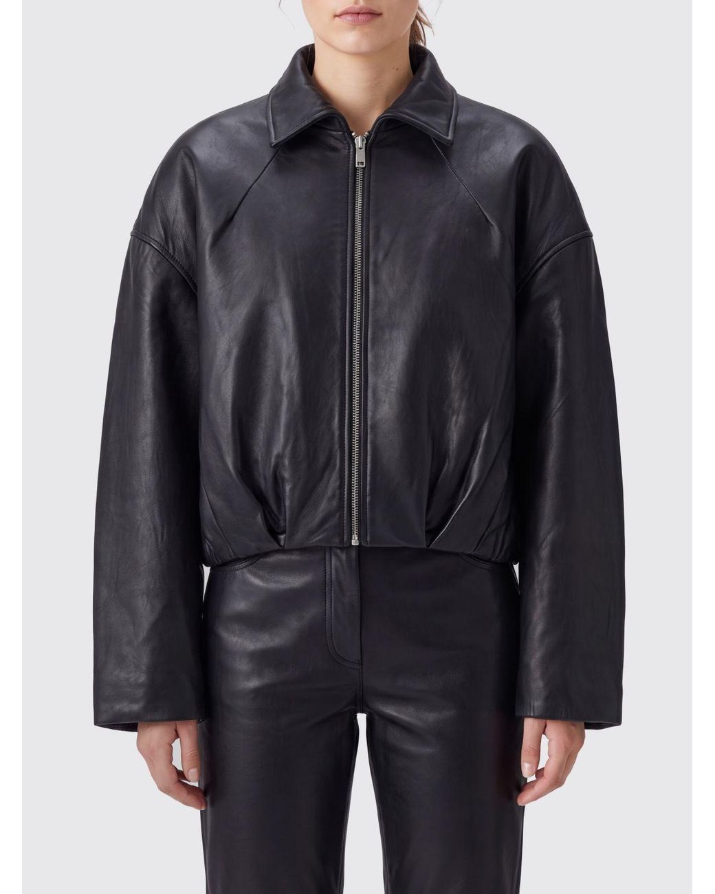 ROTATE BIRGER CHRISTENSEN Blue Cropped Relaxed-Fit Sheepskin Leather Shirt Jacket