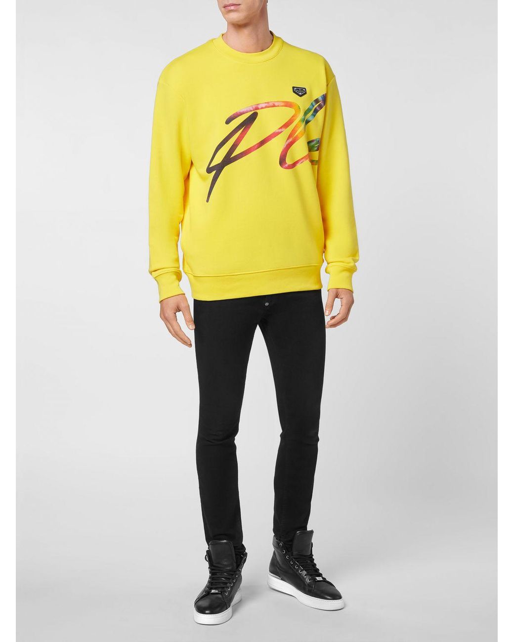 Philipp Plein Yellow Cotton Jersey Crewneck Sweatshirt With Contrasting Front Logo Print for men