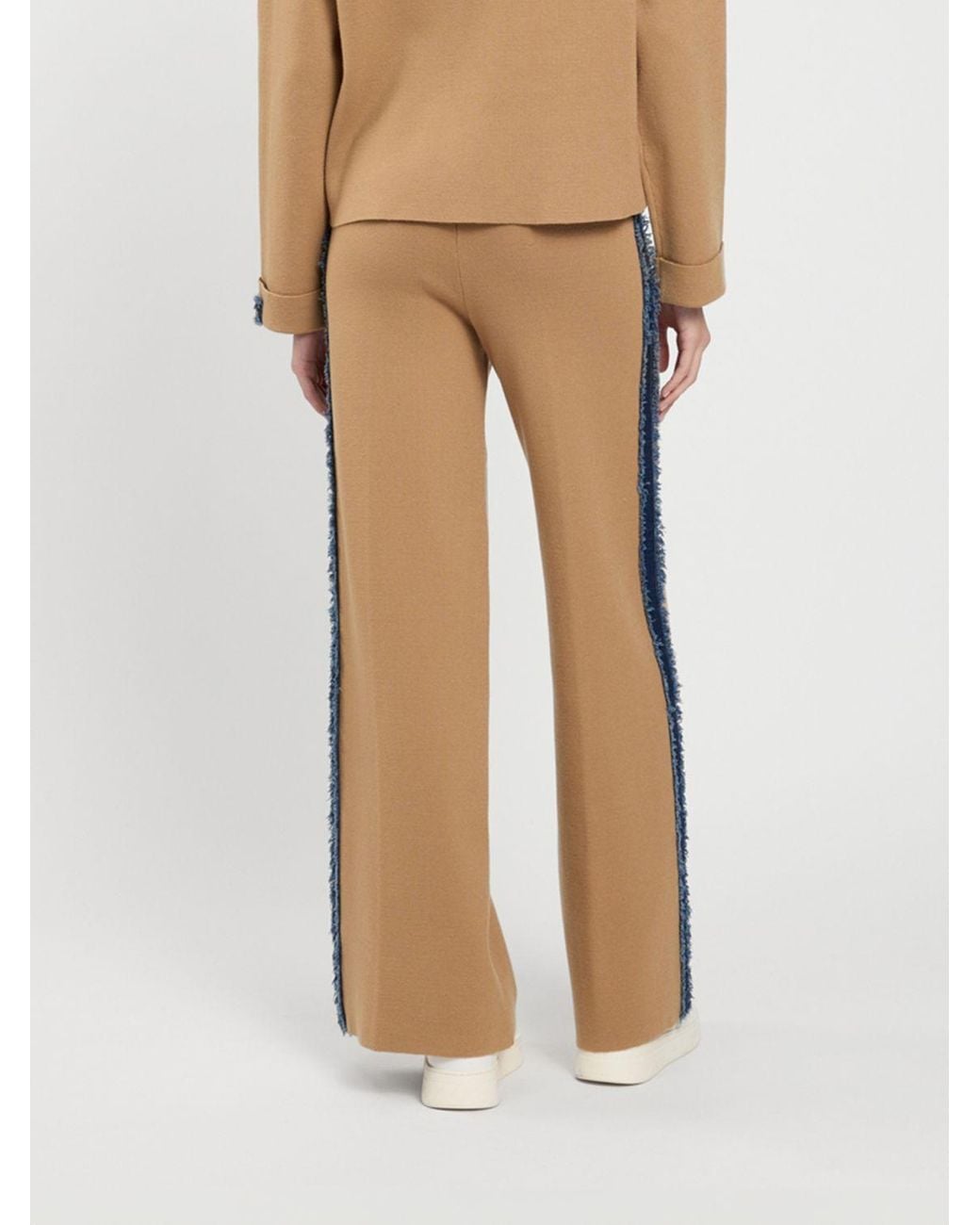 Twinset Natural High-Waisted Wide-Leg Knit Trousers With Contrasting Denim Inserts