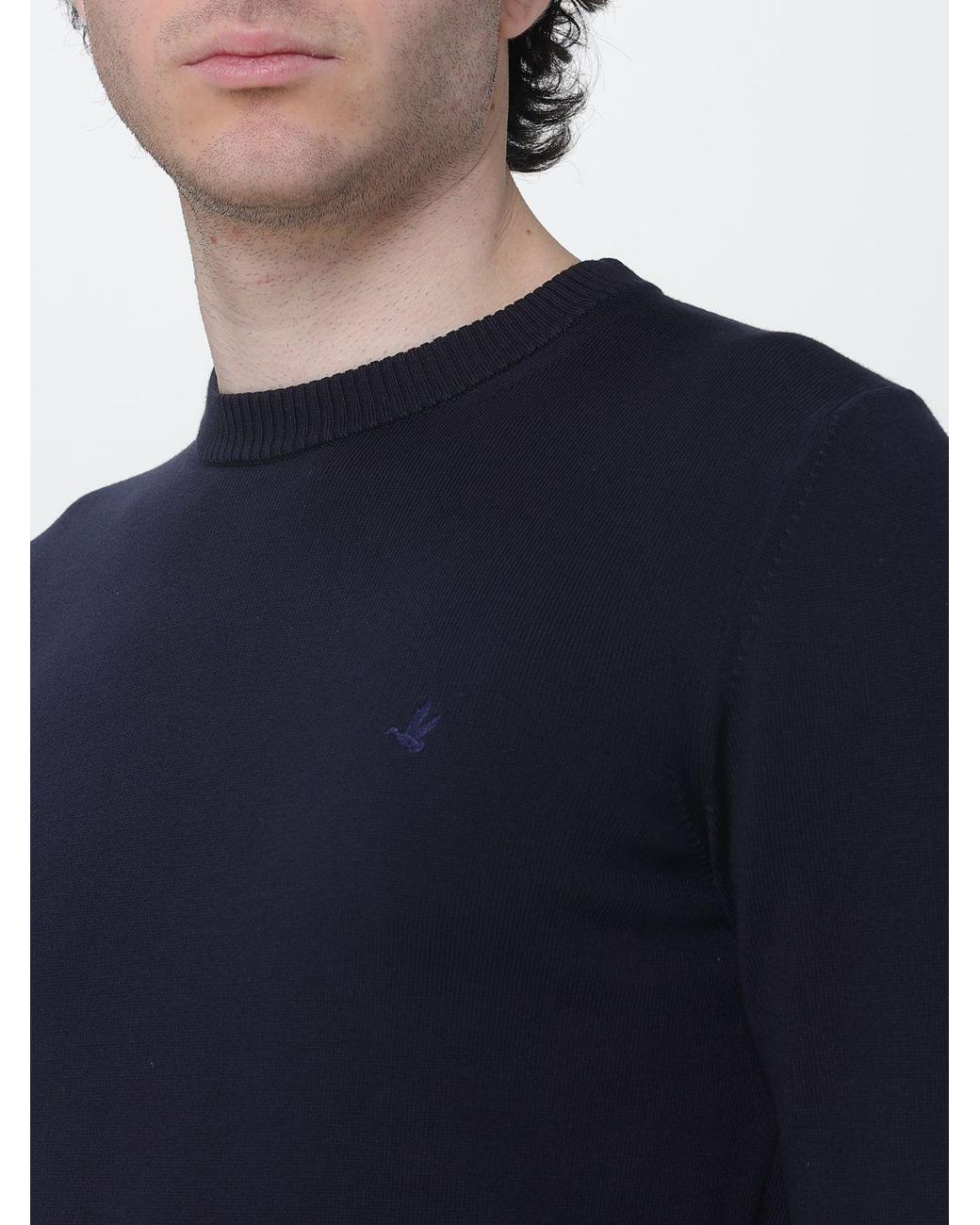 Brooksfield Blue Cotton Crew Neck Sweater With Logo for men