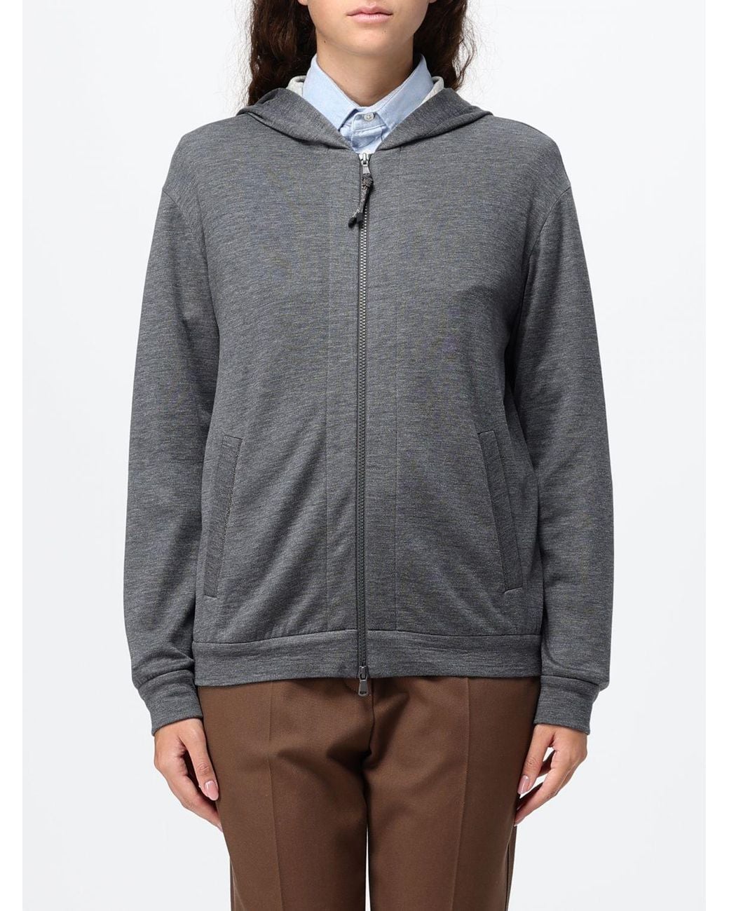 Brunello Cucinelli Gray Cotton And Silk Blend Hooded Zip-Up Sweatshirt