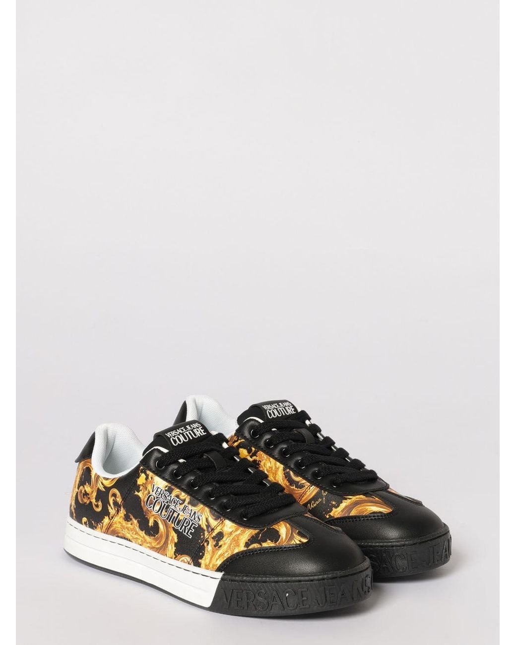 Versace Jeans Couture Black Leather Sneakers With Baroque Print for men