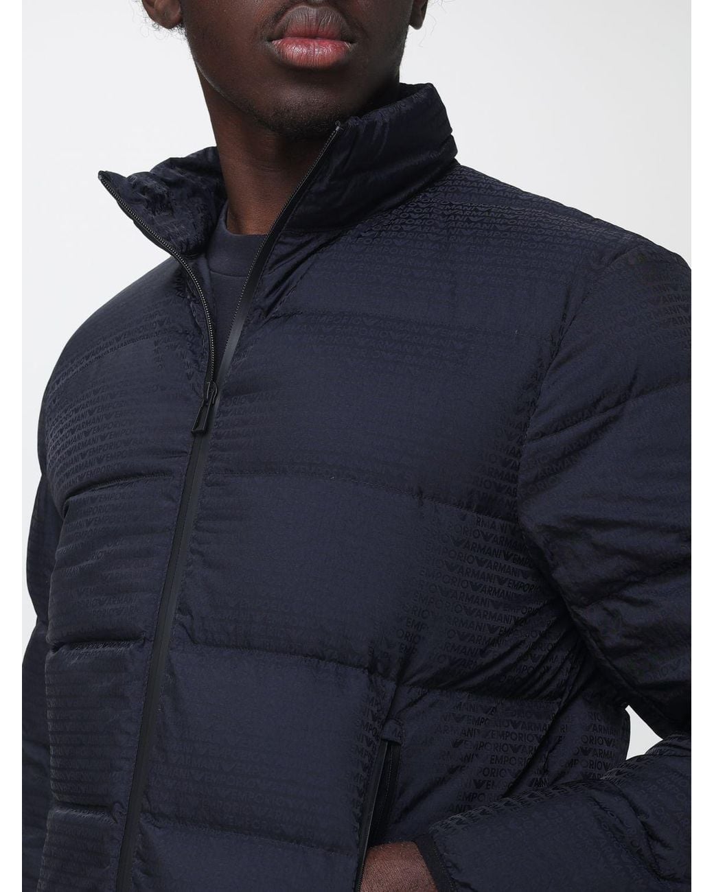 Emporio Armani Blue Quilted Nylon Down Jacket With High Neck And Eagle Logo for men