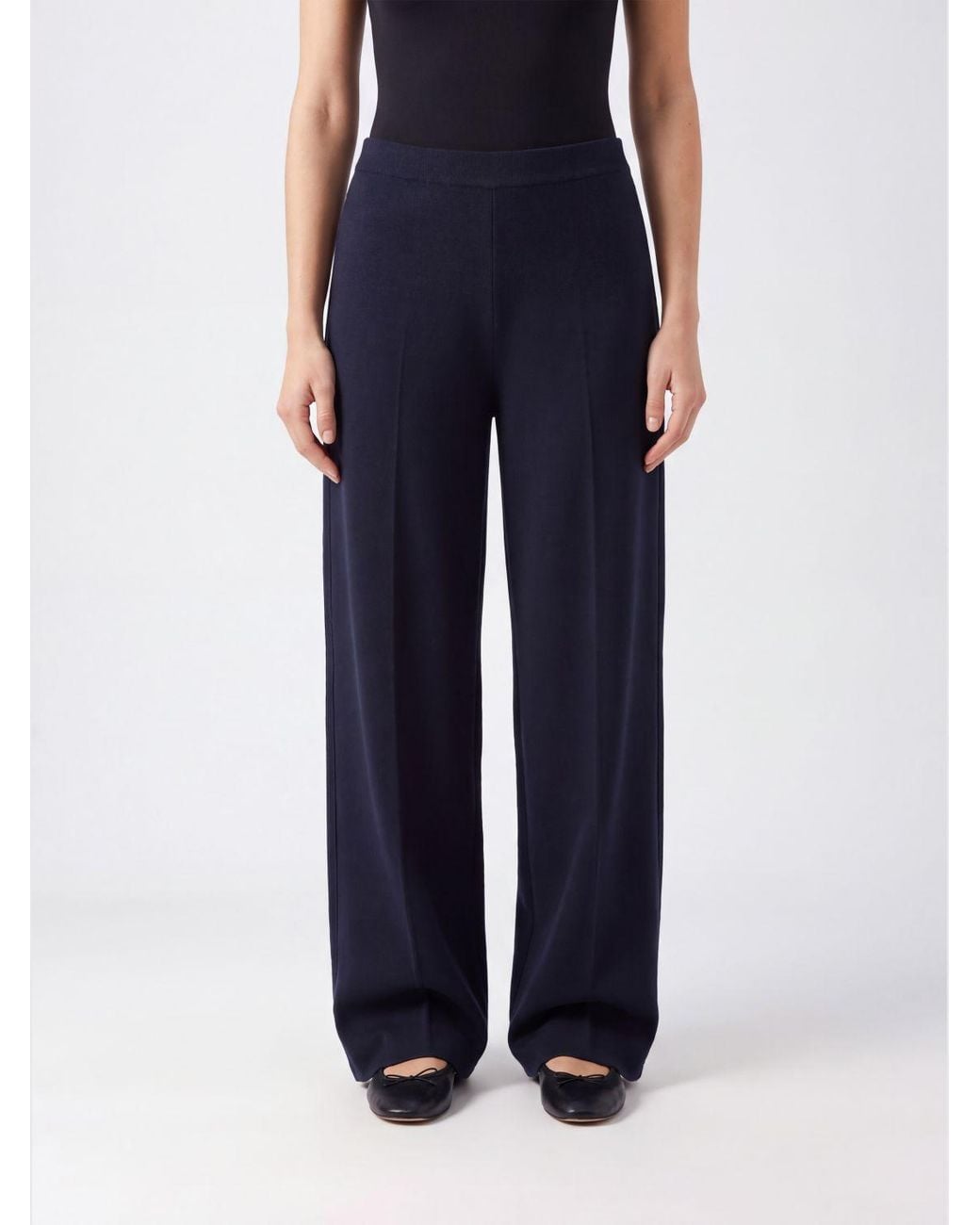 Mrz Blue Pure Virgin Wool Knit Palazzo Trousers With High Elastic Waist