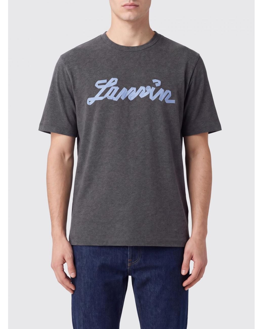 Lanvin Gray Short-Sleeved Cotton Crewneck T-Shirt With Embroidered Logo for men