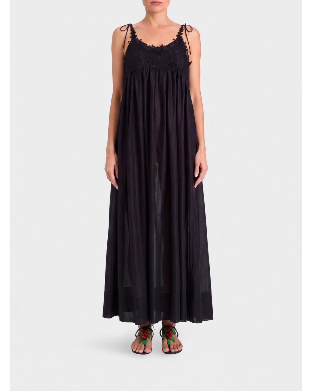Twinset Black A-Line Cotton Maxi Dress With Lace Inserts And Embroidery