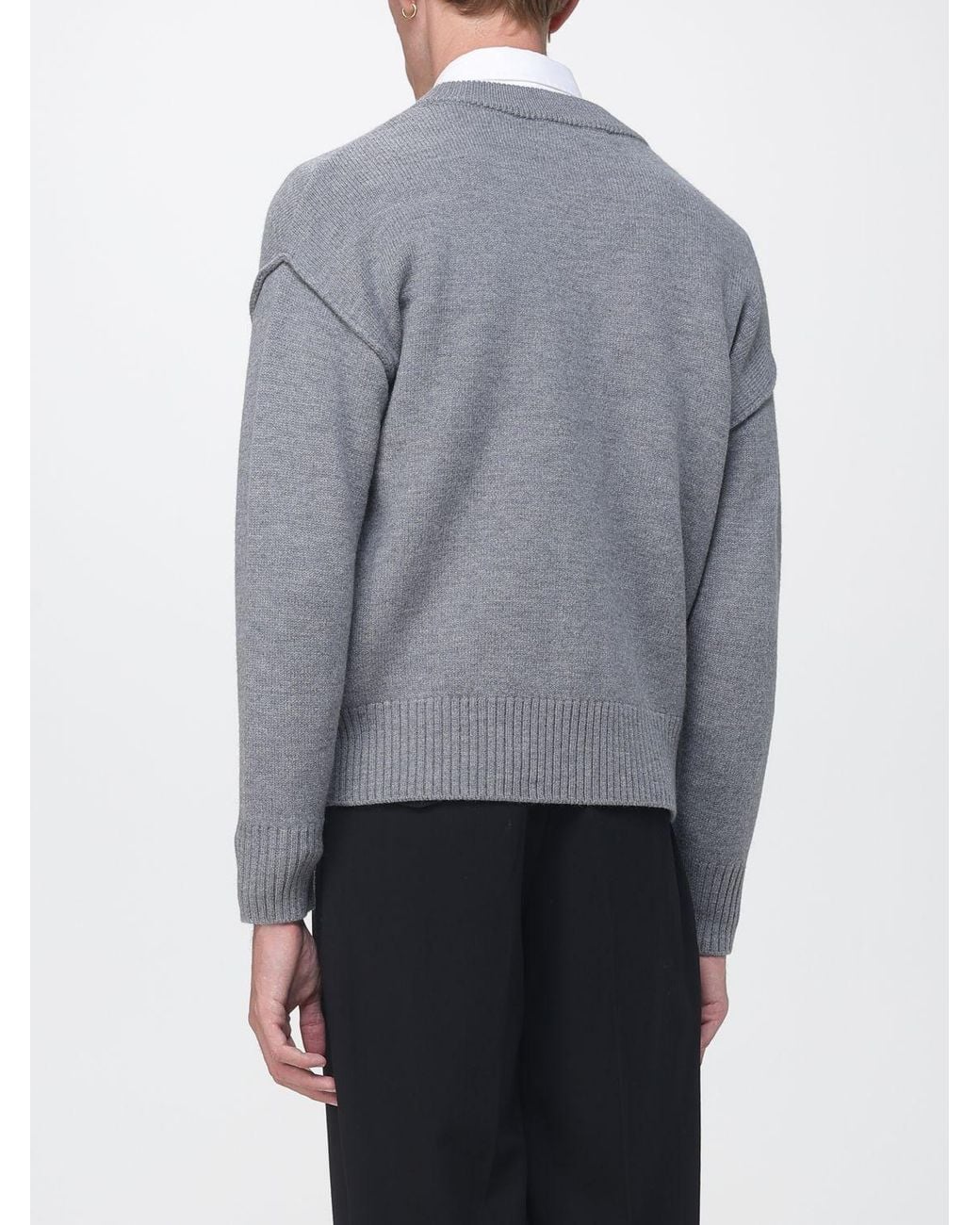 AMI Gray V-Neck Wool Cardigan With Contrast Logo for men