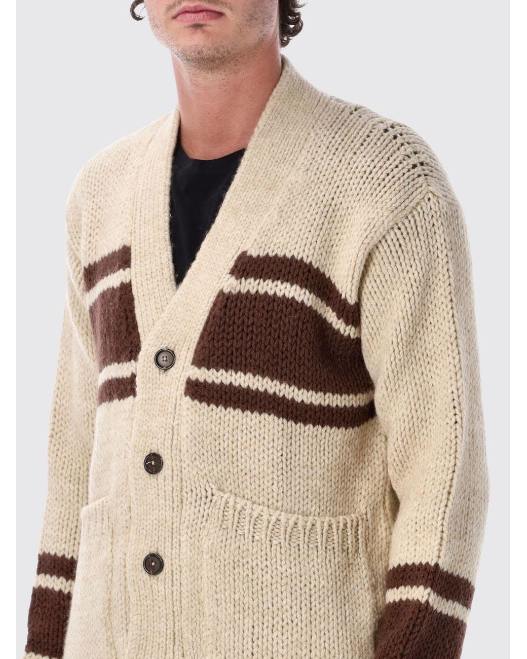 Universal Works Natural Relaxed Fit Striped Wool V-Neck Cardigan for men