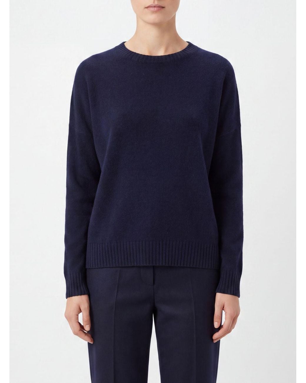 Kujten Blue 100% Cashmere Crewneck Jumper With Long Sleeves And Ribbed Trims