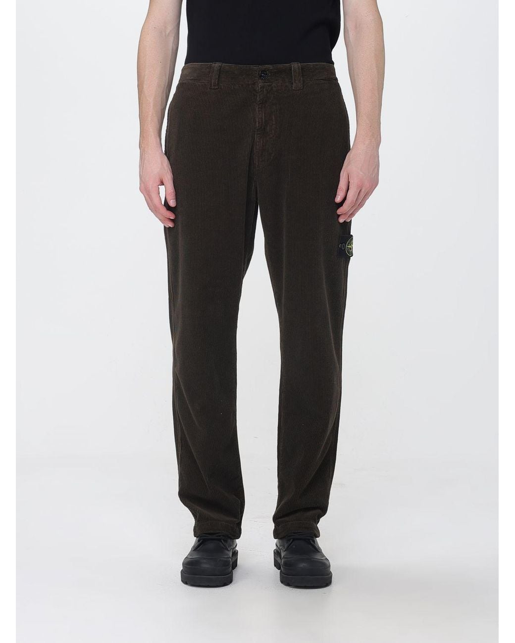 Stone Island Black Velvet Chino Trousers With Compass Logo Patch for men
