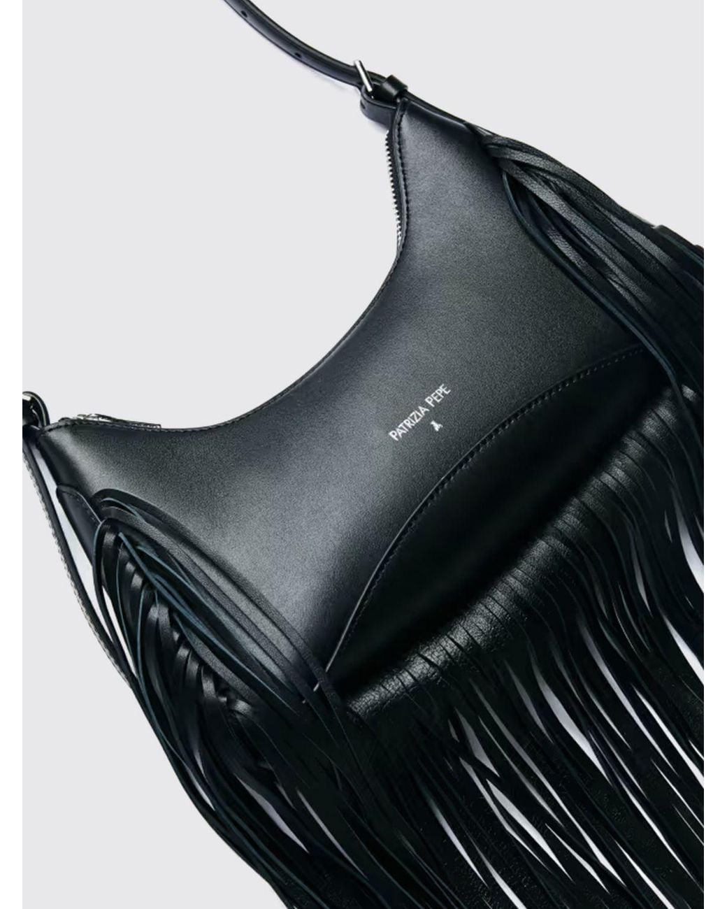 Patrizia Pepe Black Calfskin Leather Shoulder Bag With Fringes And Adjustable Handle