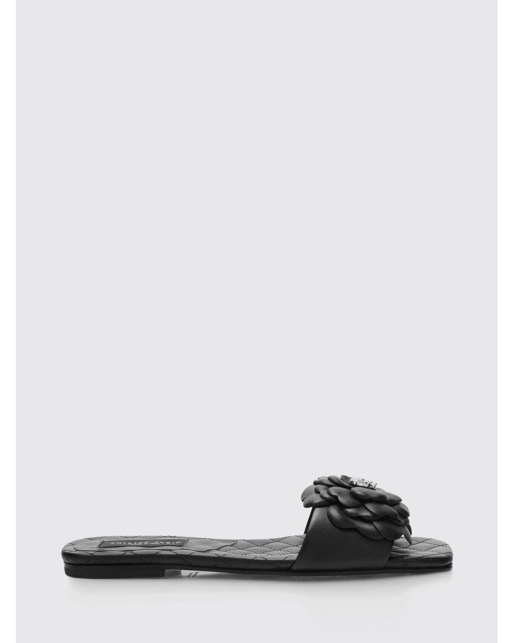 Philipp Plein Black Leather Slide Sandals With Floral And Skull Appliqué