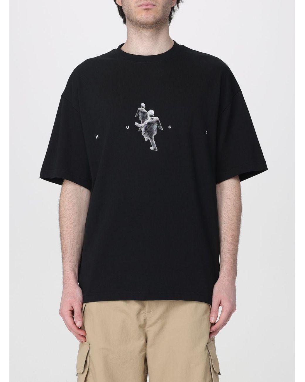 HUGO Black Printed Cotton T-Shirt for men