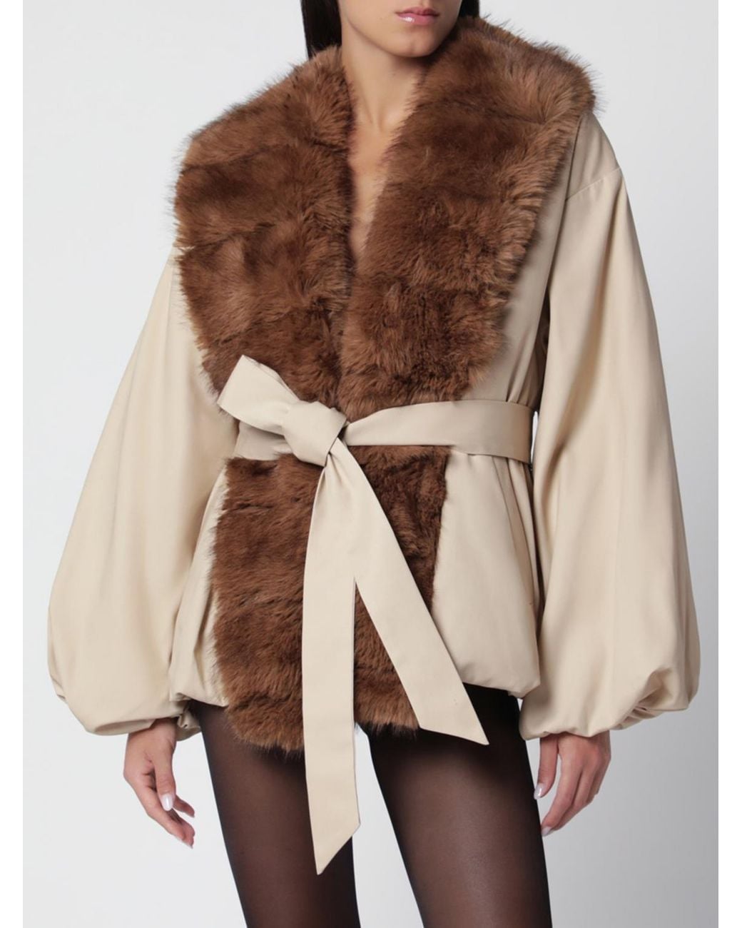 ROTATE BIRGER CHRISTENSEN Brown Faux Fur Coat With Balloon Sleeves And Belt
