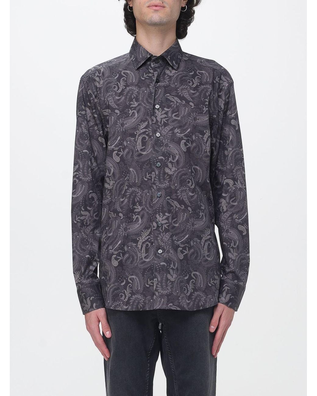 Etro Blue Paisley Print Cotton Shirt With French Collar for men