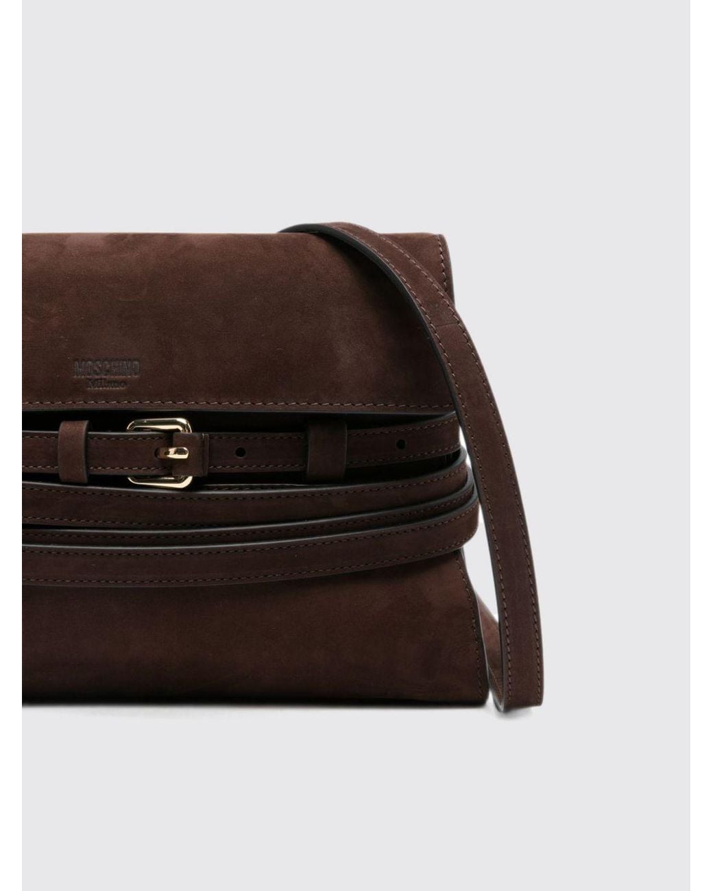 Moschino Couture Brown Suede Clutch With Flared Design And Shoulder Strap