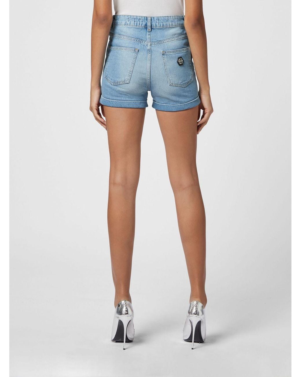 Philipp Plein Blue High-Waisted Slim Fit Denim Shorts With Five Pockets