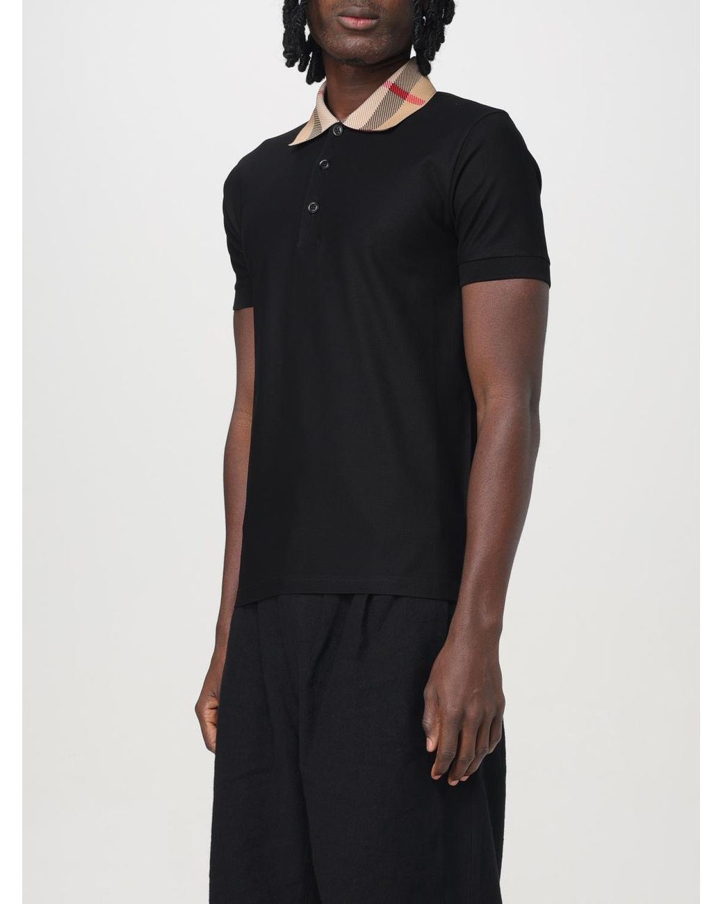 Burberry Black Cotton Polo Shirt With Check Collar for men