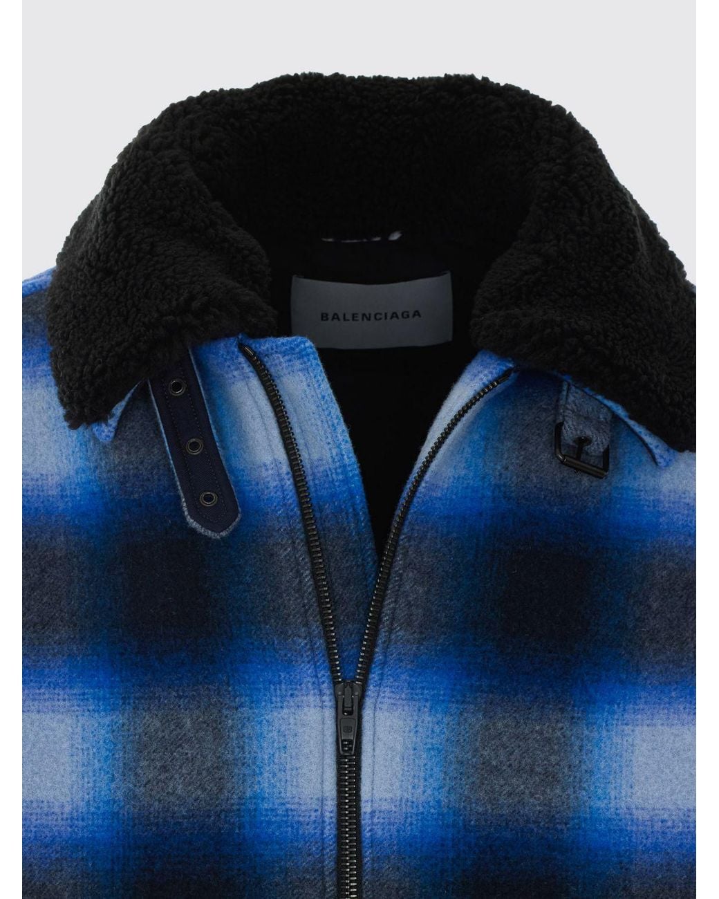 Balenciaga Blue Check Wool Flannel Short Coat With Fur Collar for men