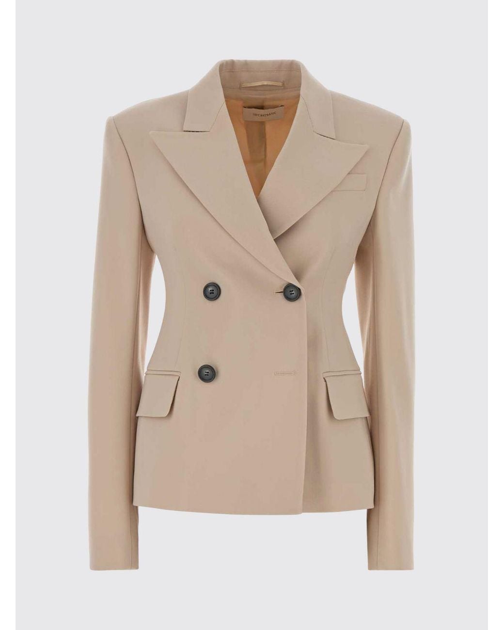 Sportmax Natural Slim Fit Double-Breasted Virgin Wool Blazer With Peak Lapels