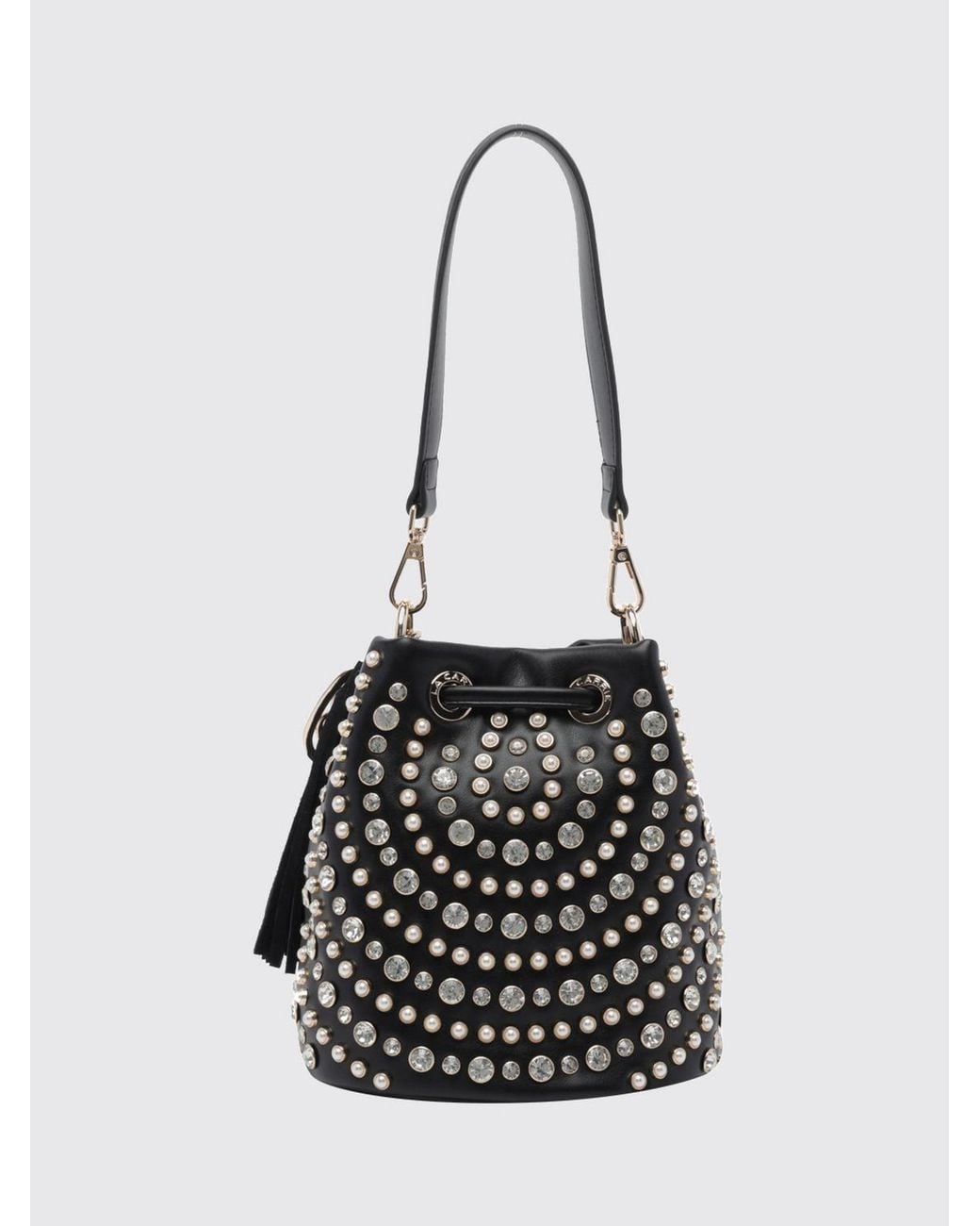La Carrie White Polyurethane Mini Bucket Bag With Rhinestone Embroidery