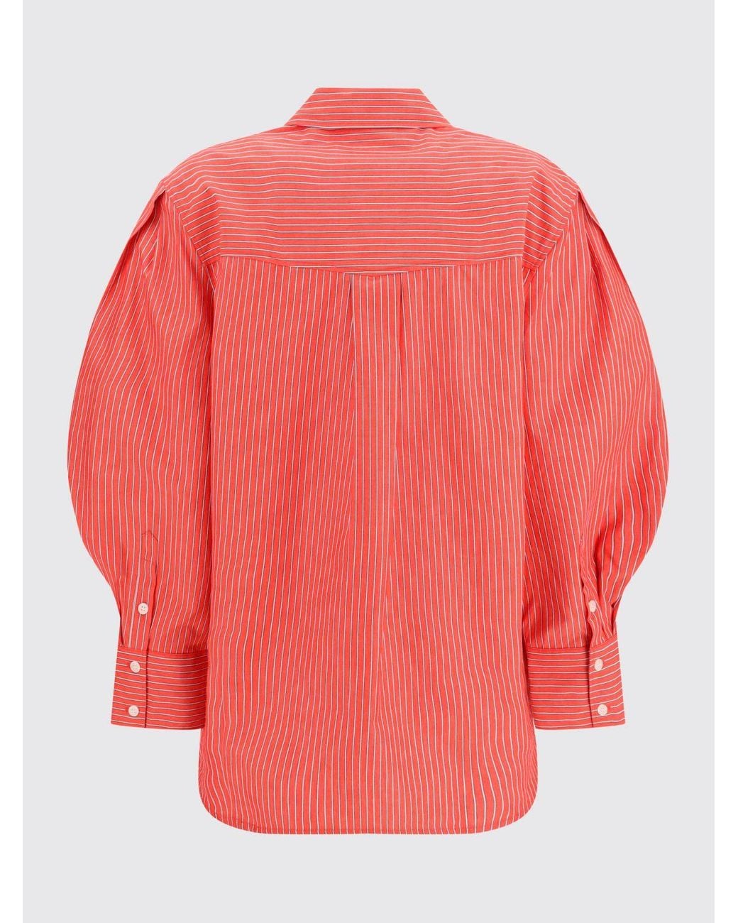 Ganni Pink Striped Cotton Shirt With Balloon Sleeves
