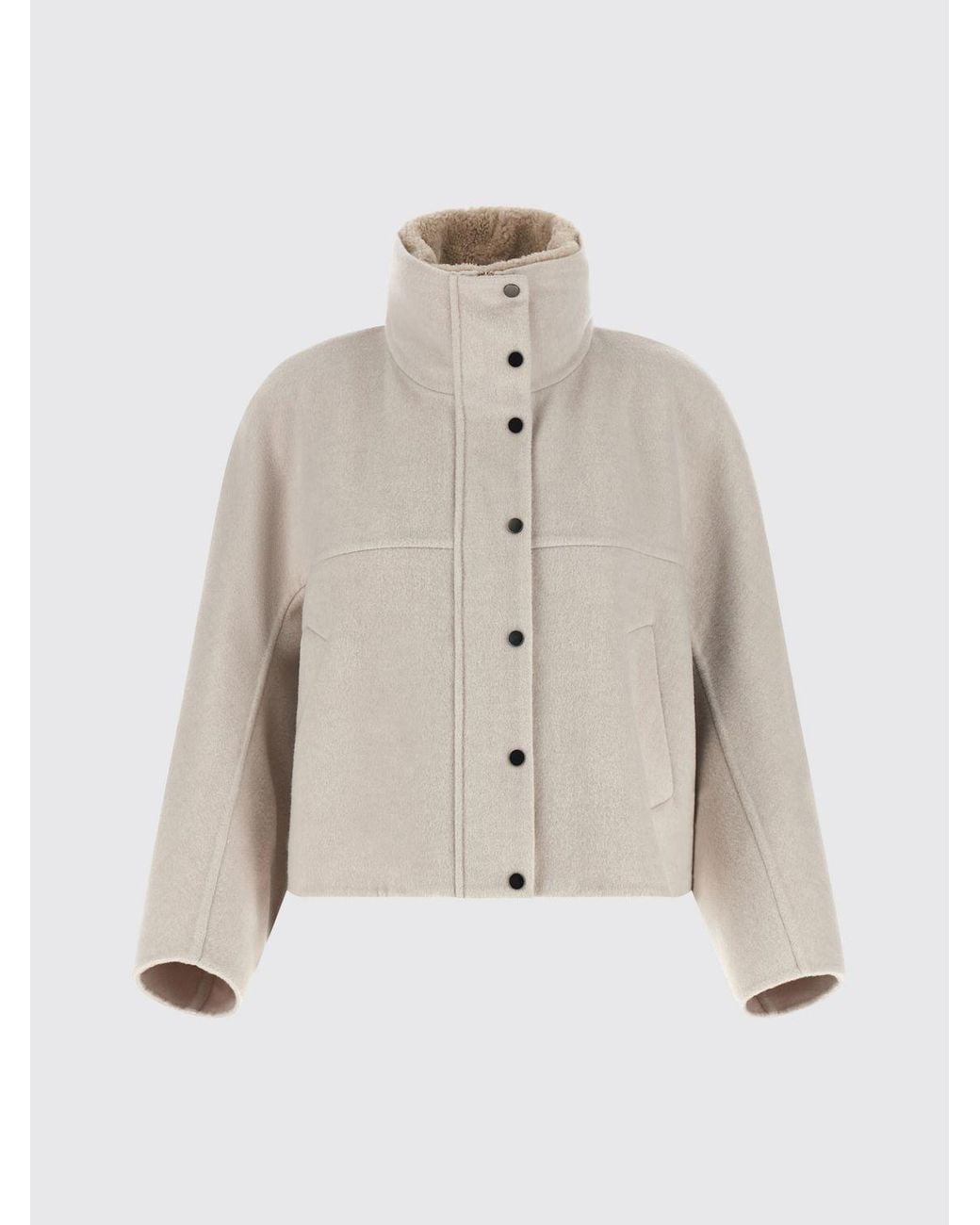 Brunello Cucinelli Natural Wool And Cashmere Short Coat With High Neck And Monili Embroidery