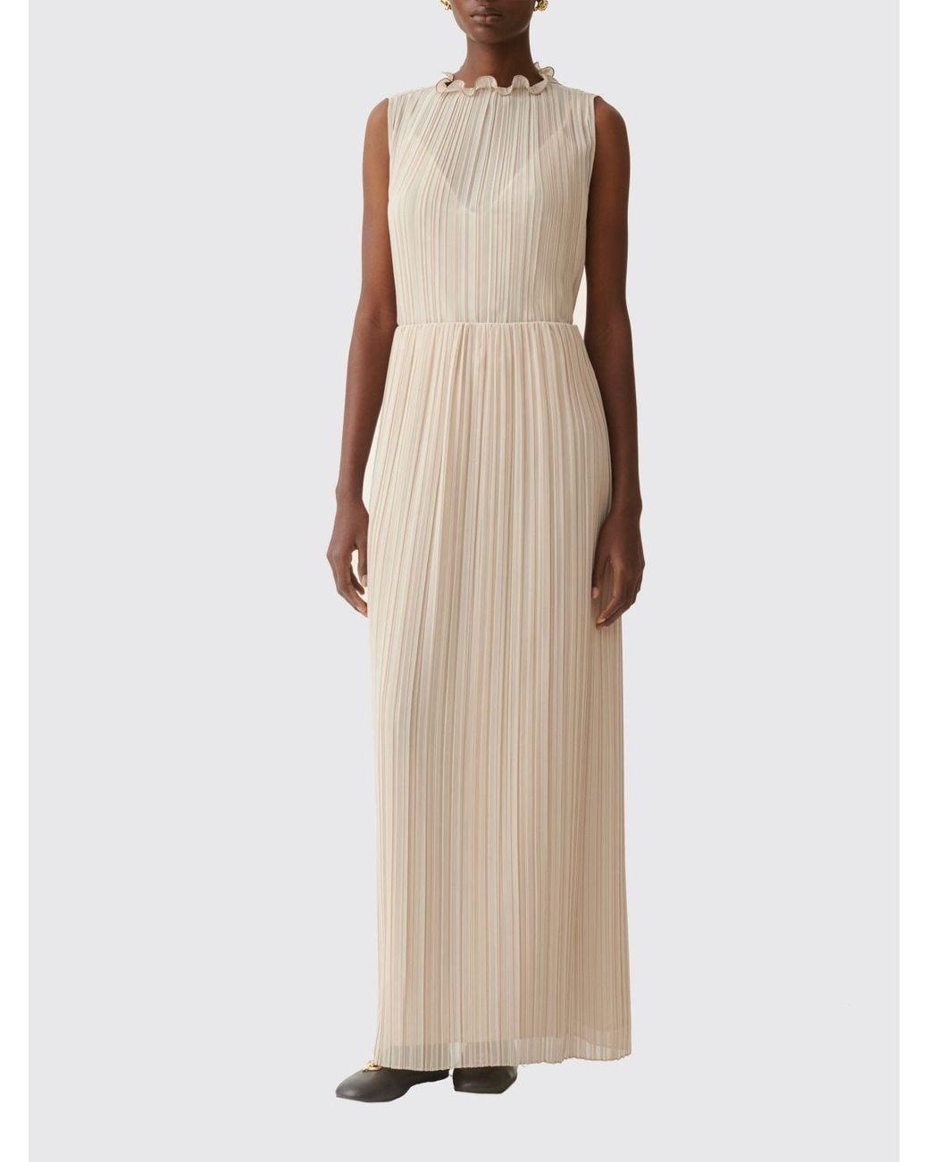 Fabiana Filippi Natural Sleeveless Pleated Blouse With Elegant Ruffle Collar