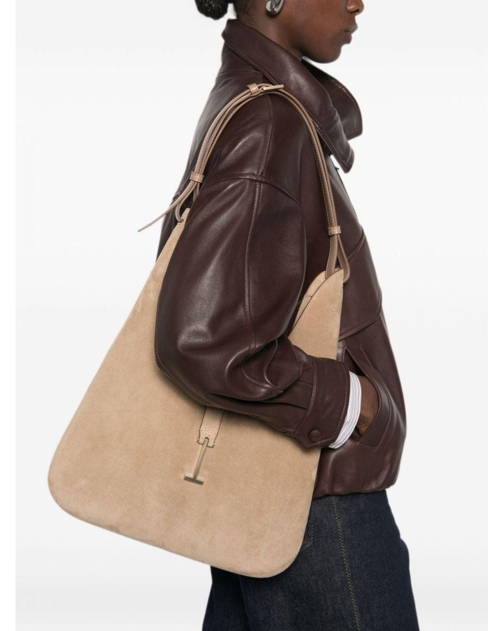 Tom Ford Natural Large Suede Shoulder Bag With An Adjustable Handle And Logo