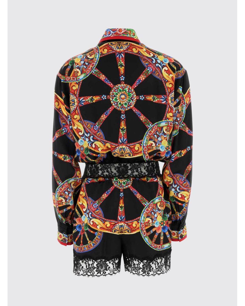 Dolce & Gabbana Black Dolce &Amp Gabbana Carretto Siciliano Print Silk Playsuit With Lace Trim