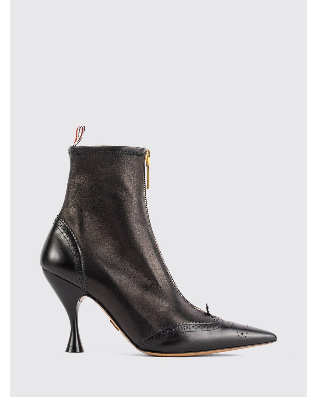 Thom Browne Black Wingtip Leather Ankle Boots With High Spool Heel And Rear Flag