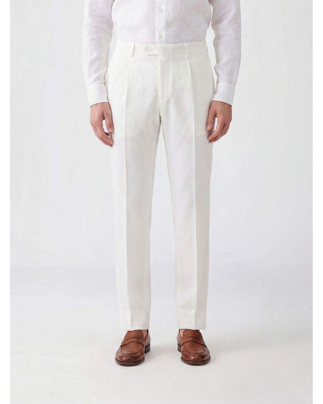 Boglioli White Slim Fit Linen Tailored Trousers With Off-Centre Closure for men