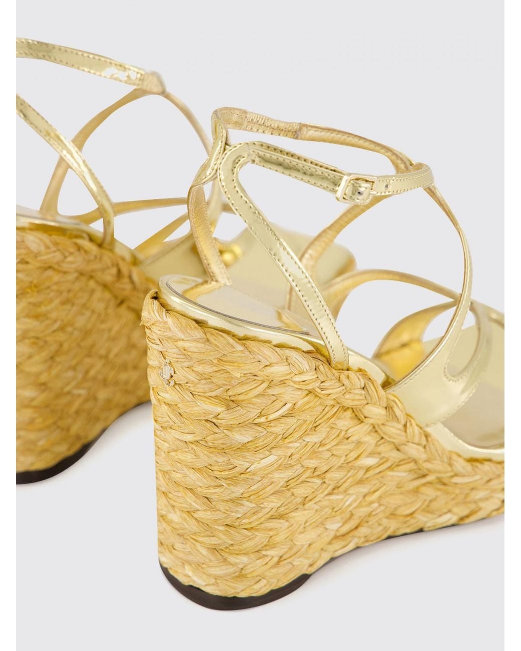Jimmy Choo Natural Ayla Patent Leather And Jute Wedge Sandals With Square Toe